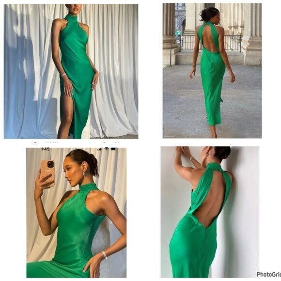 MESHKI Satin Drape Back Maxi Dress with Split - Green XLarge NEW - Picture 2 of 9